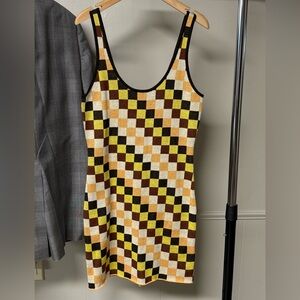 RVCA Checkerboard Knit Tank Dress in Yellow, Brown, Black, Cream
